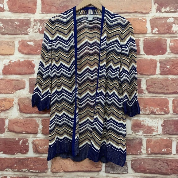 Chicos Travelers Cardigan Womens Small 0 Blue Gold Multicolor Chevron Sweater - Picture 8 of 10